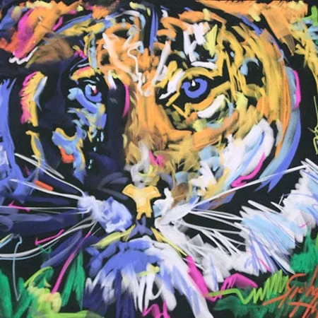 Richard Hight painting of a tiger in vivid blue, orange and yellow strokes